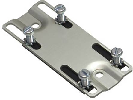 Metalen steun met vier schroeven, symmetrisch geplaatst, voor bevestiging aan een oppervlak. Heldere technische constructie.