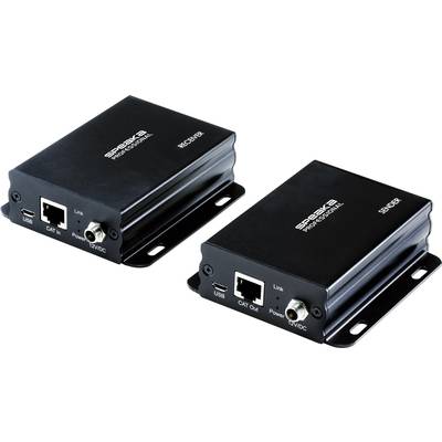 Twee kleine zwarte elektronische apparaten met opschriften 'SPEXER'. Ze hebben aansluitingen voor USB, CAT en stroomvoorziening.