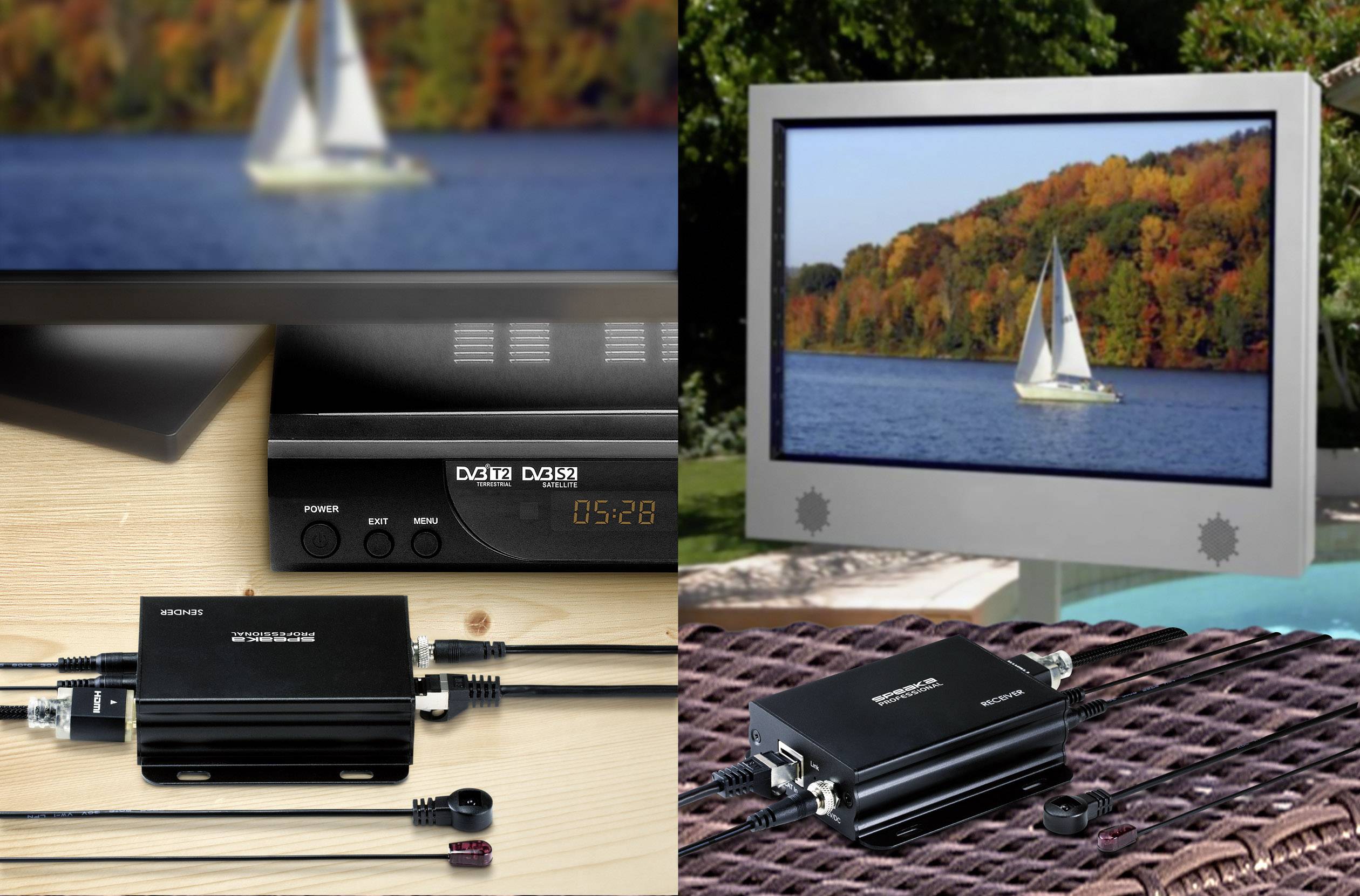 Schermindeling: Links binnenaanzicht met elektronica en televisie, toont een zeilboot; rechts buitenaanzicht met televisie, toont dezelfde boot.