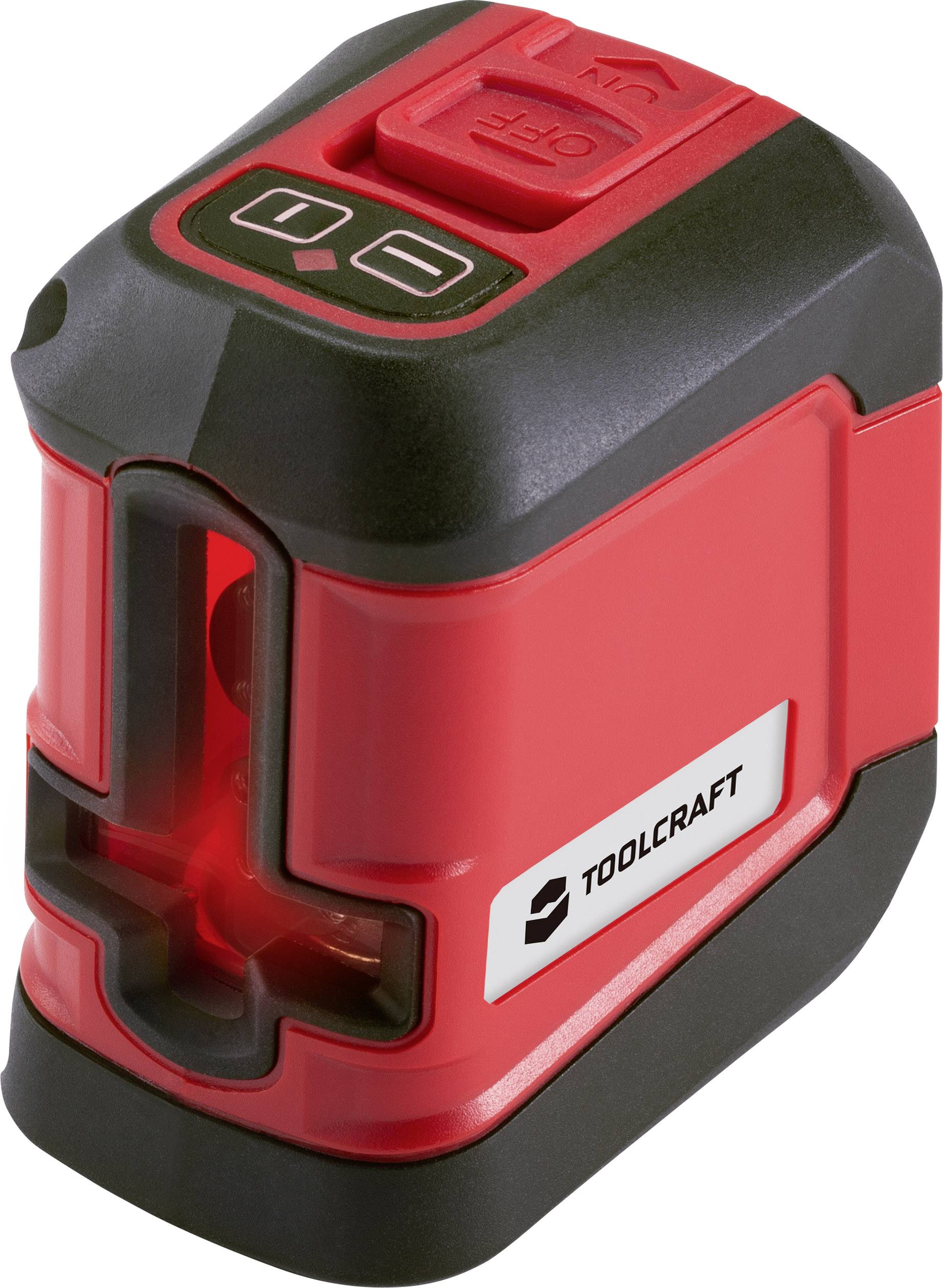 Rood laserniveauapparaat van TOOLCRAFT, ideaal voor nauwkeurige metingen en uitlijning, met bedieningselementen bovenaan.