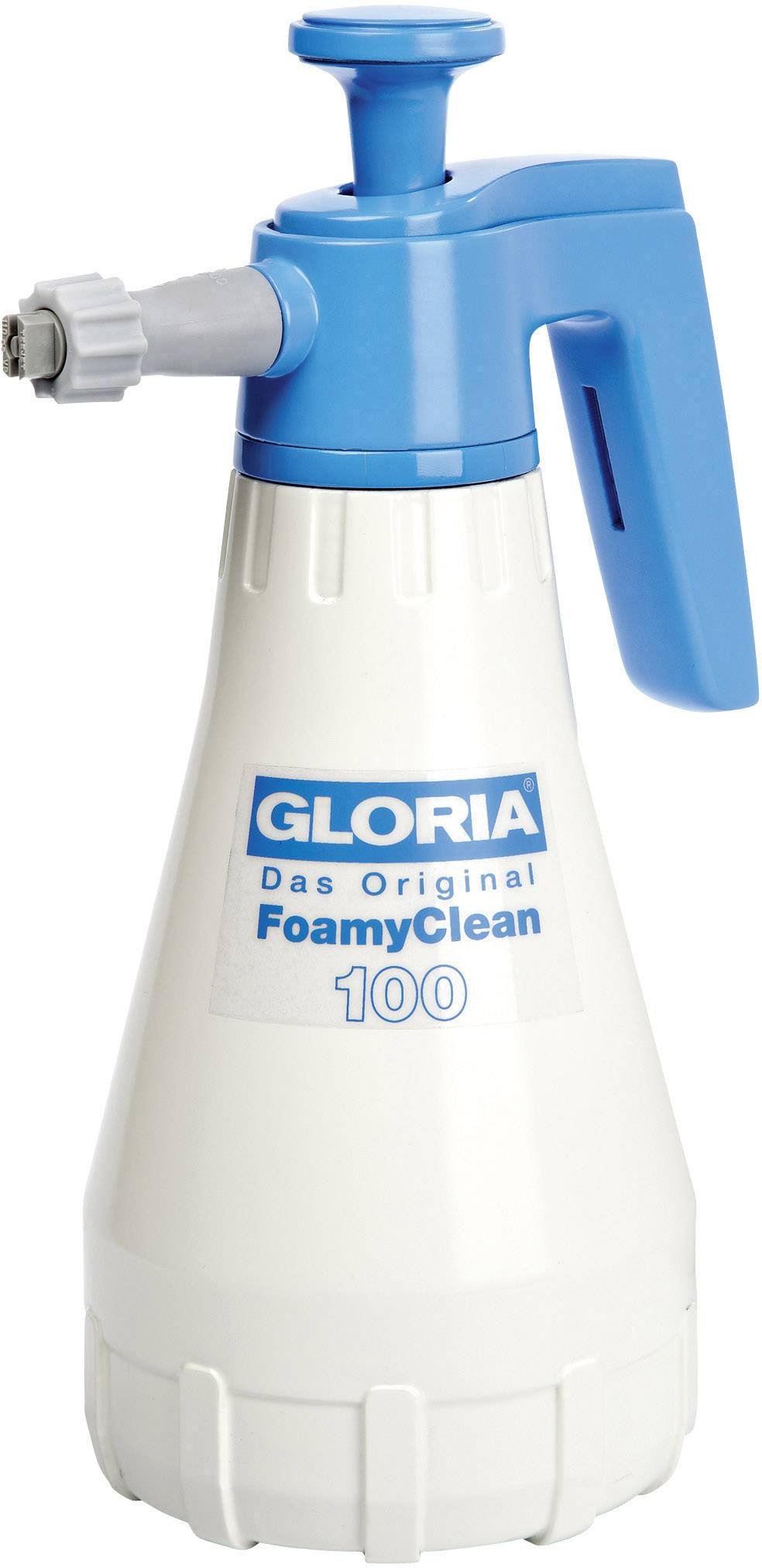 Spuitfles met blauwe handgreep en opzetstuk, etiket 'Gloria Het Origineel FoamyClean 100' op de witte container.