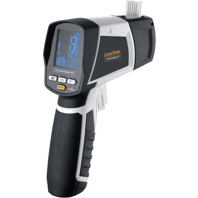 Een infrarood-thermometer met lcd-display en meerdere bedieningsknoppen, weergegeven in een schuine zijaanzicht.