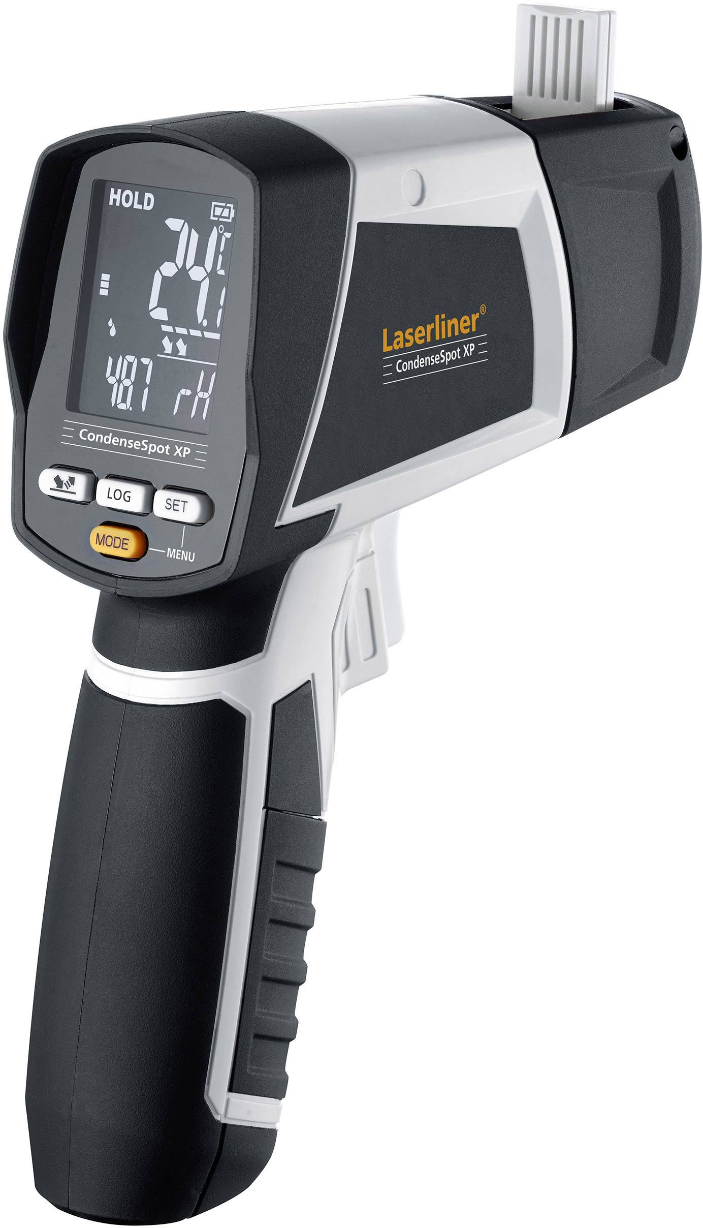 Een digitaal infrarood-thermometer met display toont '24°C'. Hij heeft een ergonomische handgreep en een sensor aan de voorkant.
