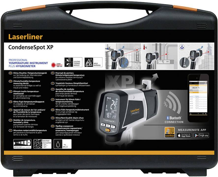 'Laserliner CondenseSpot XP': Professioneel temperatuurmeetapparaat met hygrometer. Afbeelding toont meetapparaat en smartphone-app-verbinding.