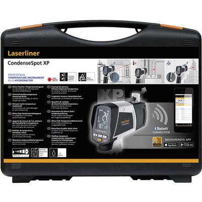 'Laserliner CondenseSpot XP': Professioneel temperatuurmeetapparaat met hygrometer. Afbeelding toont meetapparaat en smartphone-app-verbinding.