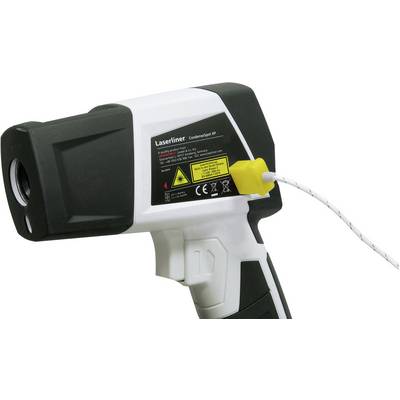 Een infrarood-thermometer met een zwarte en witte oppervlakte. Het wordt aangesloten met een geel kabel en heeft waarschuwingsinstructies afgedrukt.