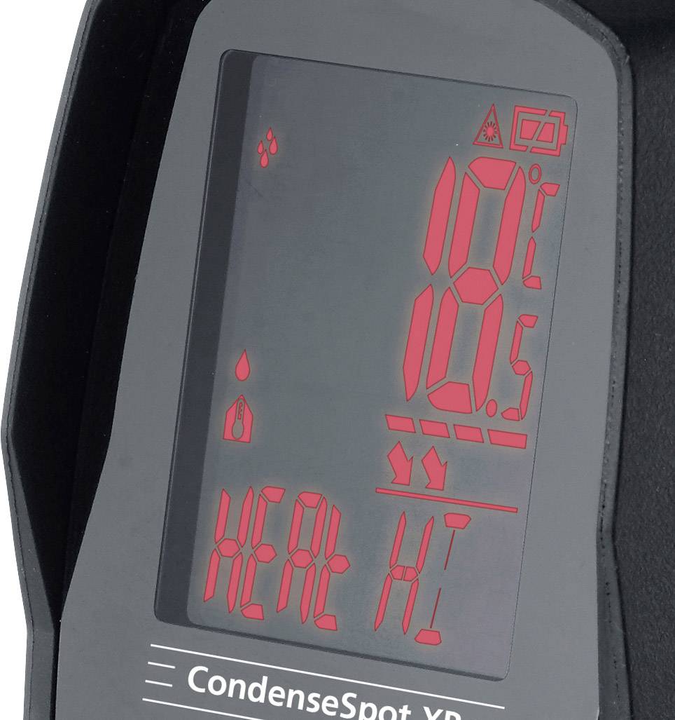 Digitaal display van een thermostaat toont temperatuur van 18,5°C en verwarmingssymbool. Onderaan staat 'CondenseSpot XP'.