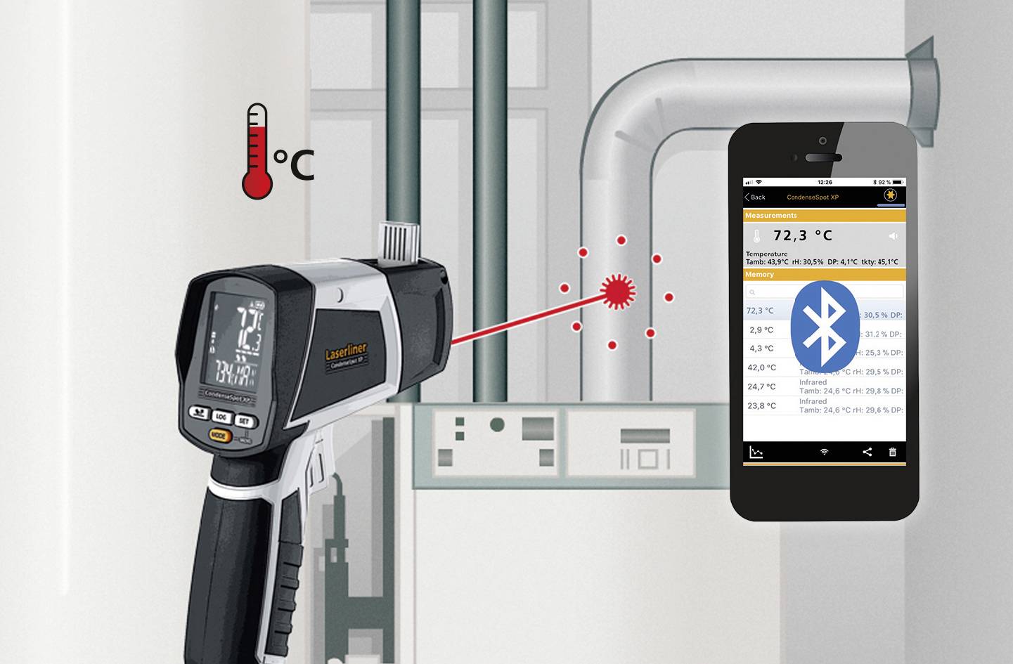 Infrarood-thermometer meet temperatuur van een buis, toont 72,3 °C op smartphonedisplay. Bluetooth-verbinding weergegeven.