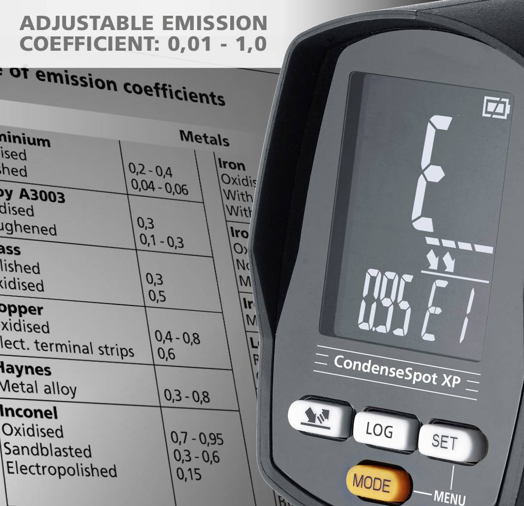 Een apparaat toont op een display 'C' en '0.95'. Ernaast een tabel met metalen en hun emissiecoëfficiënten. Bovenaan staat 'Instelbare emissiecoëfficiënt: 0.01 - 1.0'.
