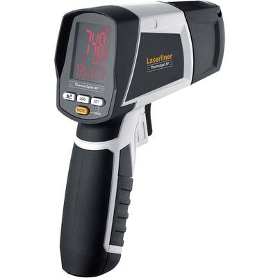 Infrarood handthermometer met digitaal display voor temperatuurmeting. Toont huidige en maximale temperatuur op een rode LED-display.