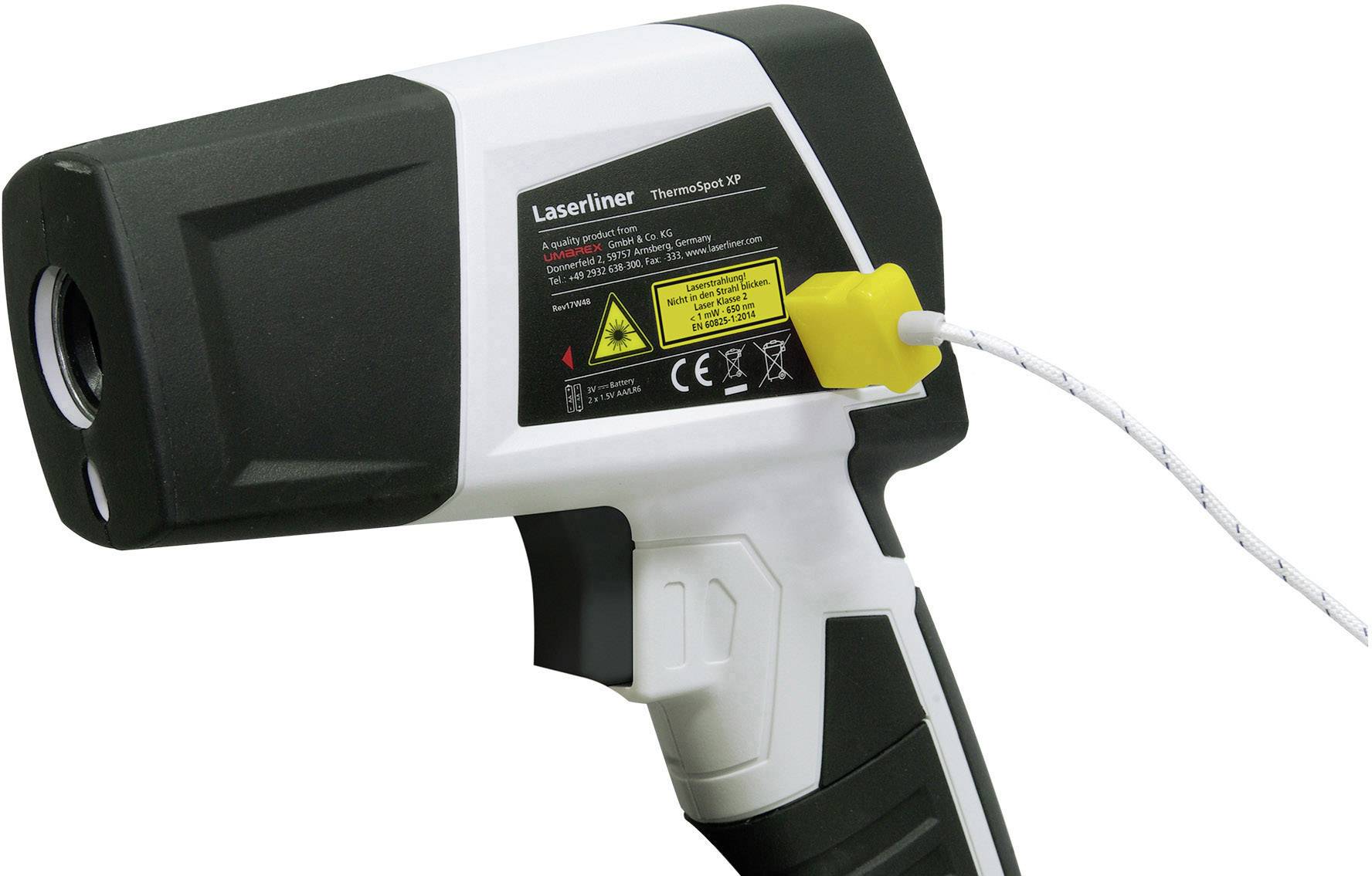 Draagbare infrarood-thermometer, voornamelijk zwart-wit, met geel snoer. Geschikt voor temperatuurmeting.