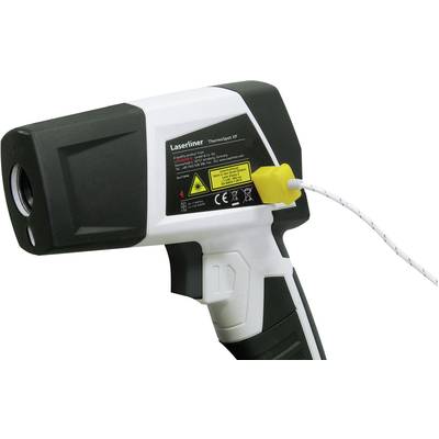 Draagbare infrarood-thermometer, voornamelijk zwart-wit, met geel snoer. Geschikt voor temperatuurmeting.