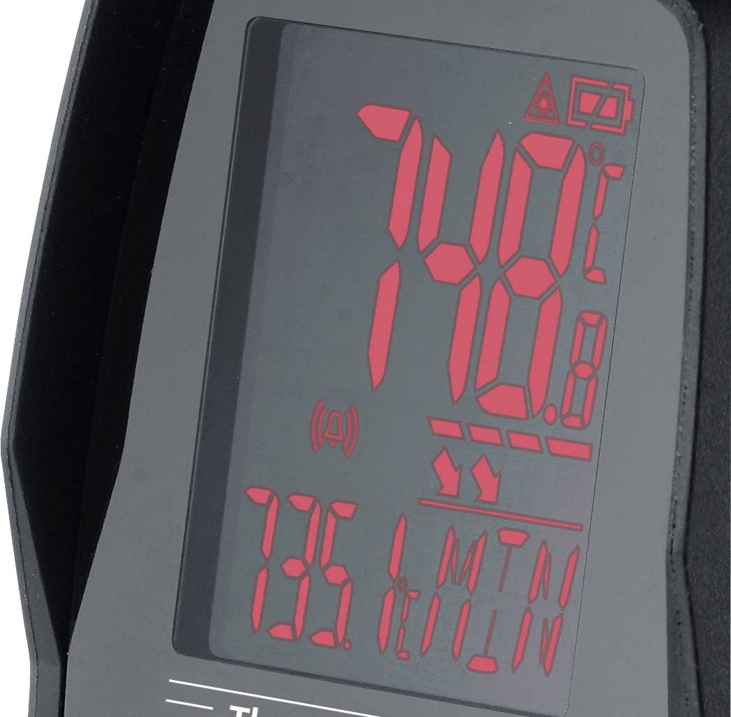 Digitale weergave van een apparaat toont 74,8°C en 785,1m/min. Symbolen voor signalen en batterijniveau zijn eveneens zichtbaar.