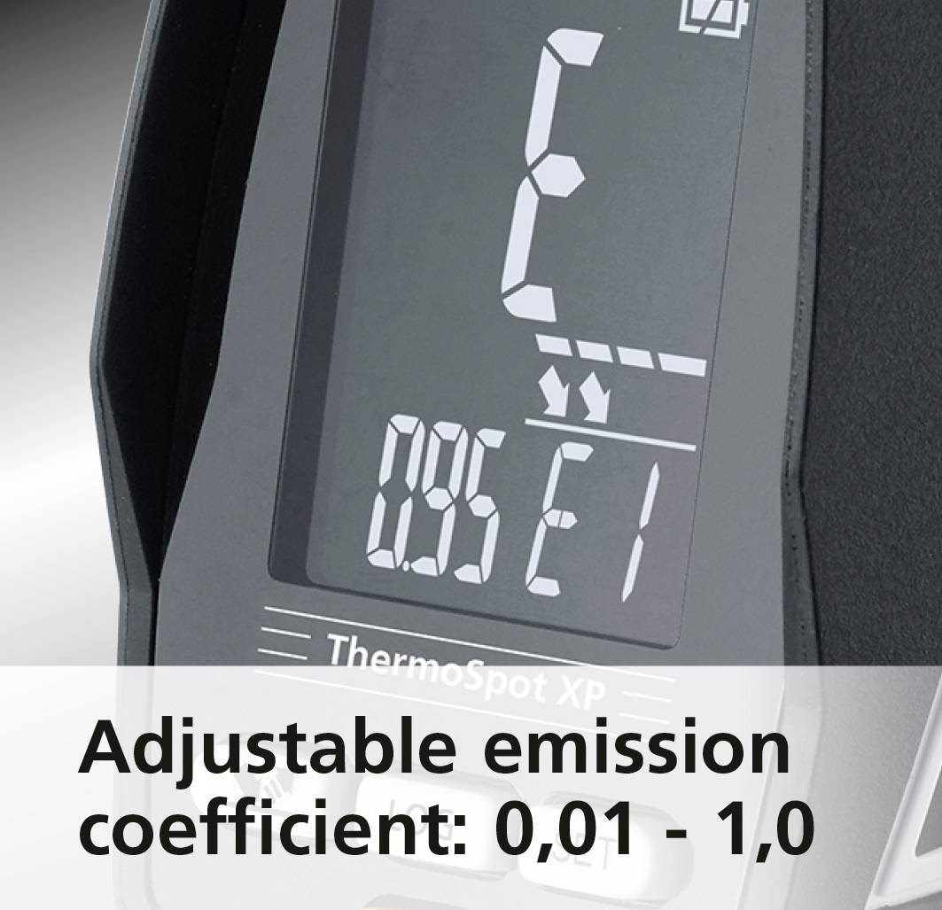 Het beeld toont een thermometer-display met de weergave '0.95 E1'. Daaronder staat 'ThermoSpot XP' met de aanwijzing 'Instelbare emissiefactor: 0,01 - 1,0'.