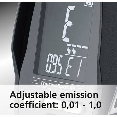Het beeld toont een thermometer-display met de weergave '0.95 E1'. Daaronder staat 'ThermoSpot XP' met de aanwijzing 'Instelbare emissiefactor: 0,01 - 1,0'.