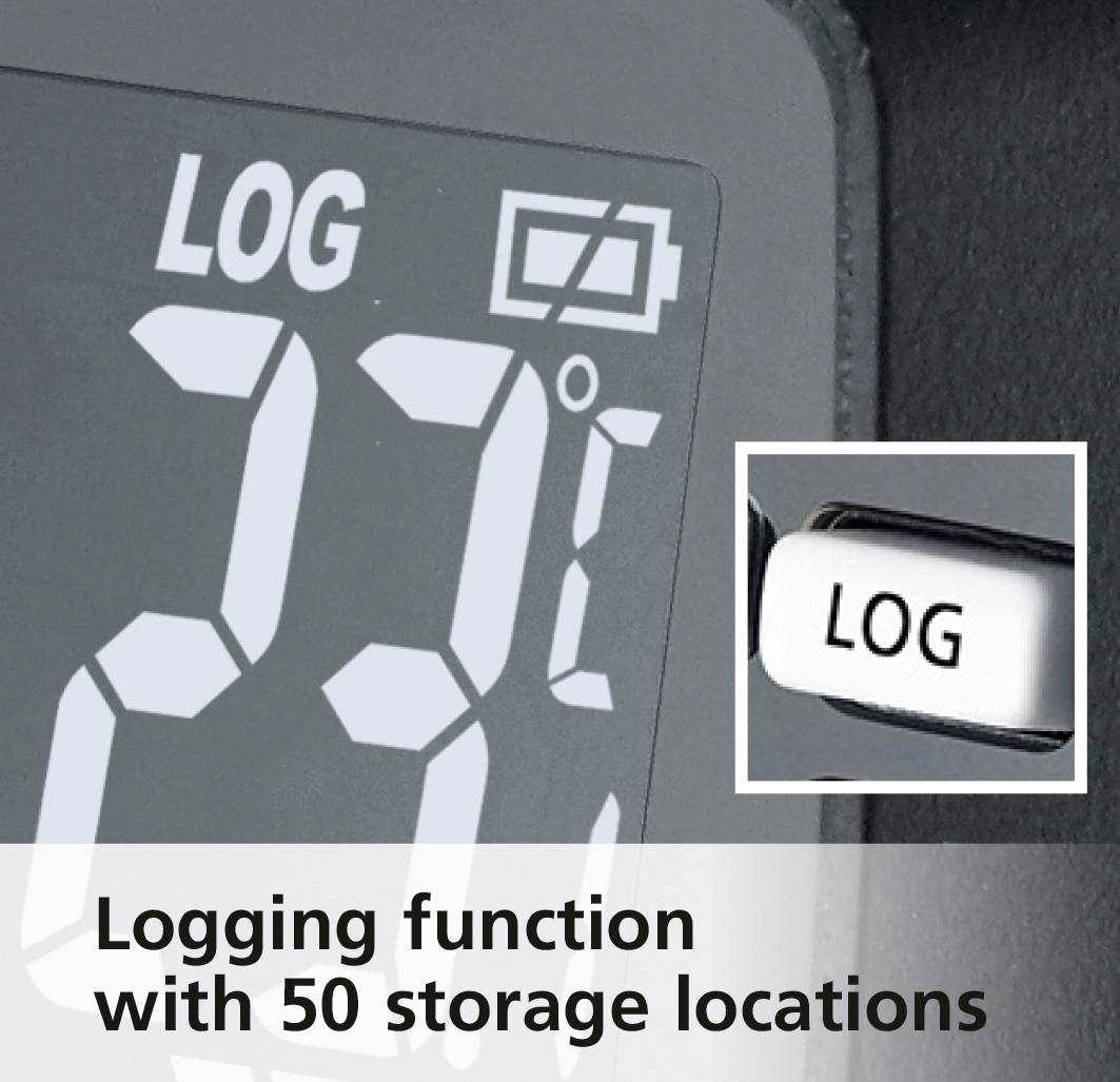 Digitale weergave met 'LOG', een batterij-indicator en het getal 23°C. Tekst: 'Logfunctie met 50 opslagplaatsen'. Een Log-knop is afgebeeld.