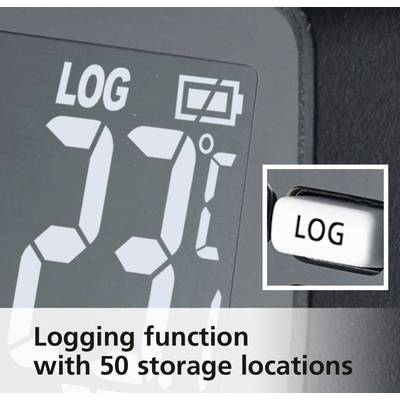 Digitale weergave met 'LOG', een batterij-indicator en het getal 23°C. Tekst: 'Logfunctie met 50 opslagplaatsen'. Een Log-knop is afgebeeld.