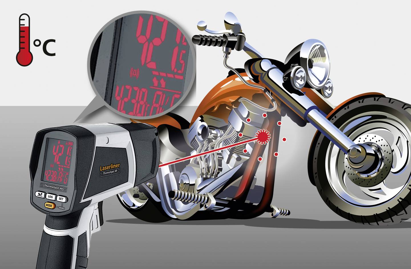 Een infrarood-thermometer meet de oppervlaktetemperatuur van een motorfiets. Display toont 42°C. Symbool van een thermometer met ℃ aan de rand.