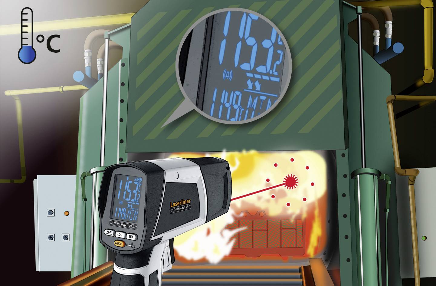 'Infrarood-thermometer meet hoge temperaturen op een brandende metaaloppervlakte in een industriële oven.'