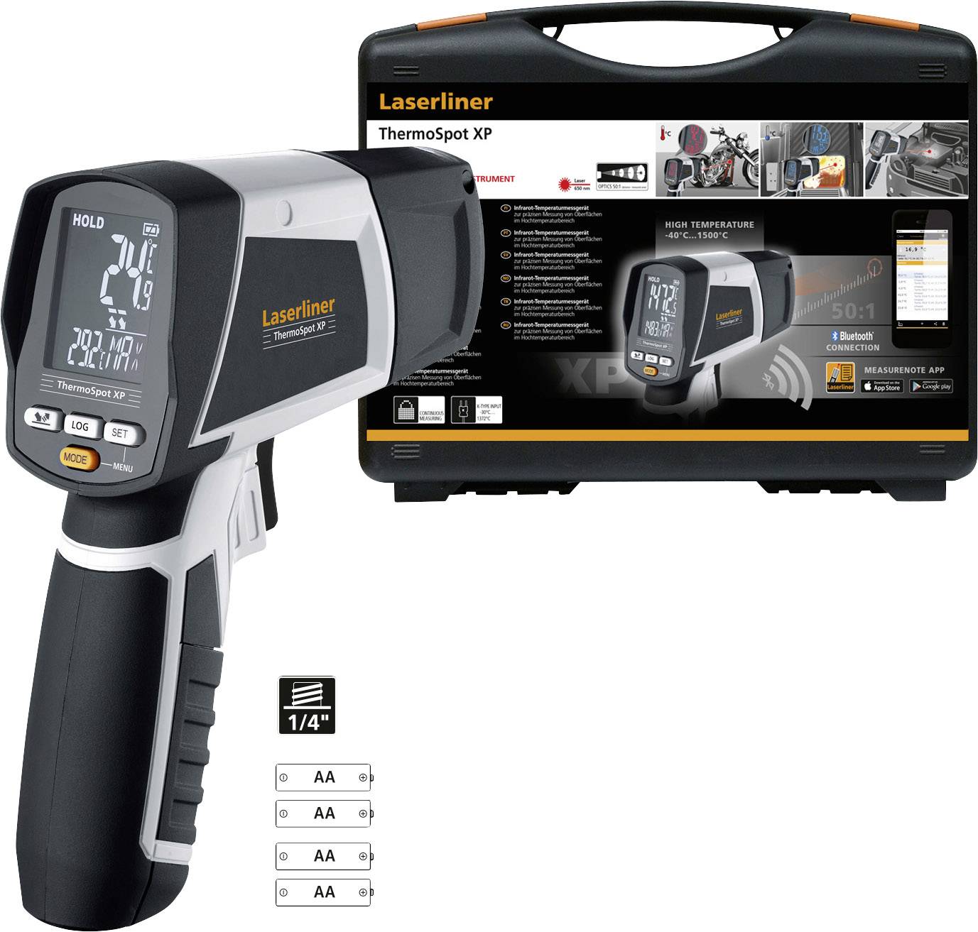'Laserliner ThermoSpot XP' infrarood-thermometer, zwarte behuizing. Weergave van de temperatuur. Verpakking toont productinformatie.