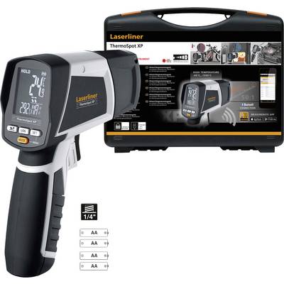 'Laserliner ThermoSpot XP' infrarood-thermometer, zwarte behuizing. Weergave van de temperatuur. Verpakking toont productinformatie.