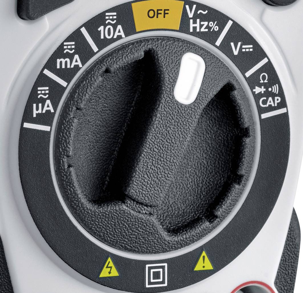 Multimeter-draaiknop met verschillende meetopties zoals spanning, stroomsterkte en capaciteit. Schakelaar in 'UIT'-positie.