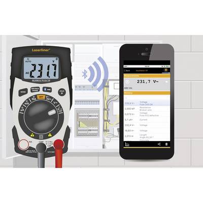 'Digitale multimeter toont 231,7 volt' naast een smartphonescherm met meetwaarden. Op de achtergrond een zekeringenkast.