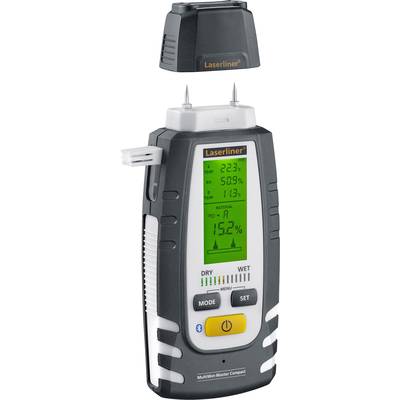 Vochtigheidsmeter met digitaal display toont '22,3%' vochtgehalte. Bluetooth-functie, opties voor droge en natte metingen.