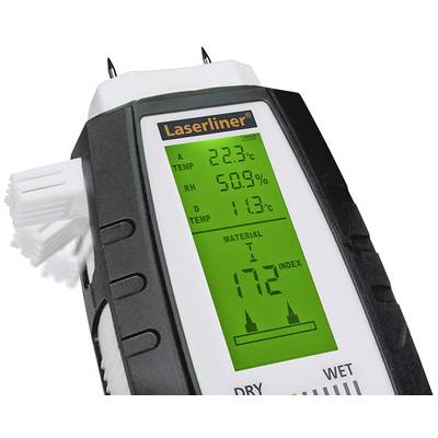 'Vochtigheidsmeter toont op LCD-display: temperatuur 22,3°C, relatieve luchtvochtigheid 50,9%, puntindex 172.'