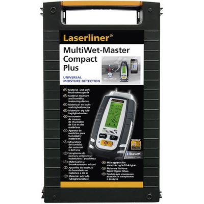 Een zwarte koffer met een afbeelding van een lasermetingsapparaat op het etiket. Tekst: 'Laserliner MultiWet-Master Compact Plus Universele Vochtdetectie'.