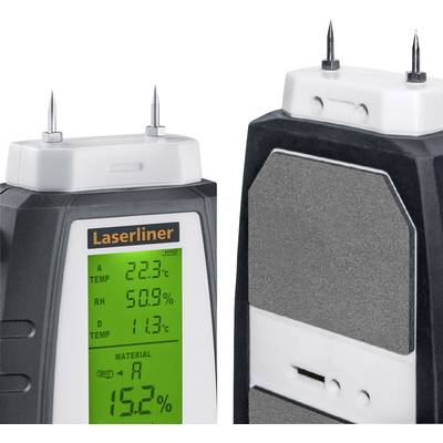 Een vochtmeter met twee displays. Het linker display toont de luchtvochtigheid (50,9%), temperatuur (11,3 °C) en materiaalvochtigheid (15,2%).