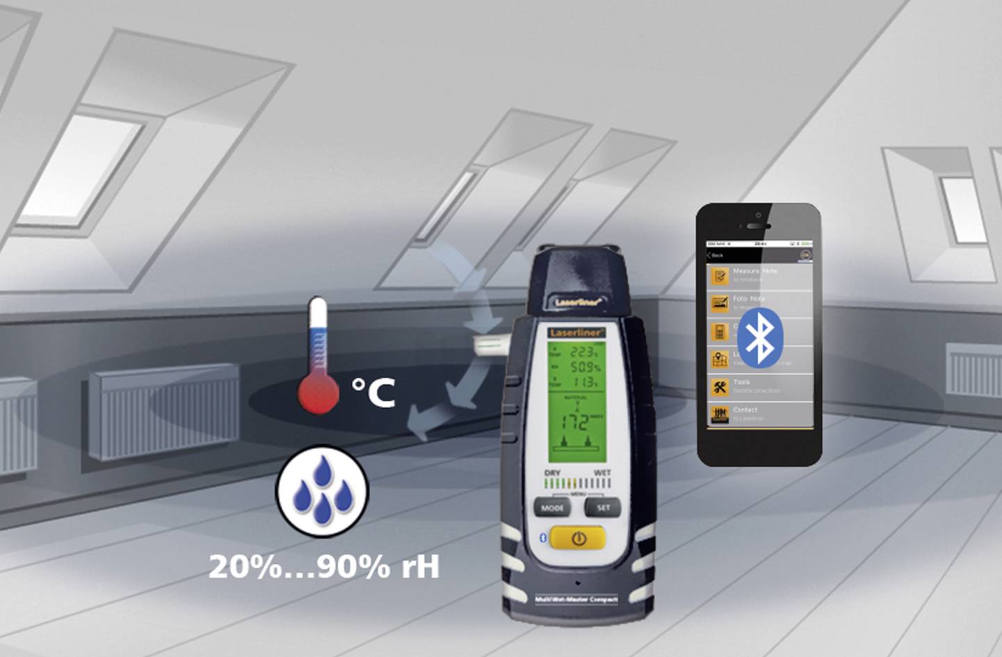 Meet- en registratie-instrument voor temperatuur en vochtigheid in een ruimte. Toont Bluetooth-verbinding met een smartphone. Meetbereik: 20% tot 90% rV.