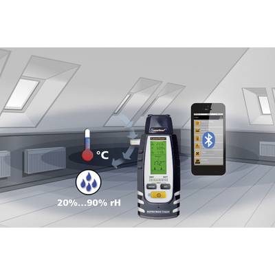 Meet- en registratie-instrument voor temperatuur en vochtigheid in een ruimte. Toont Bluetooth-verbinding met een smartphone. Meetbereik: 20% tot 90% rV.