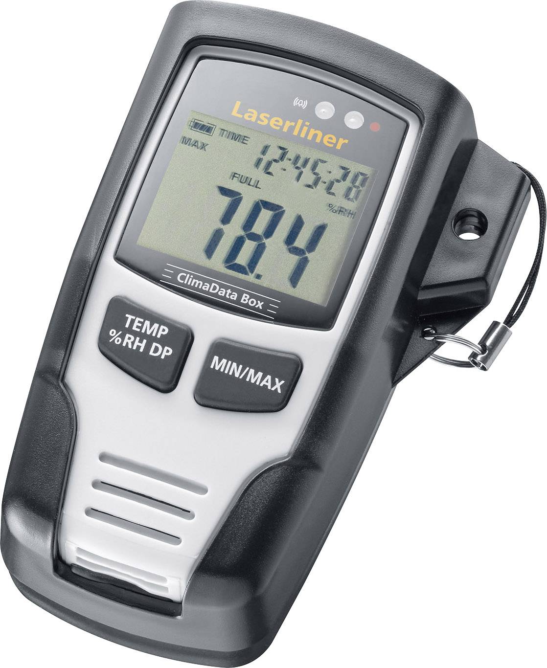 Een digitale thermometer toont een temperatuur van 18,4°C. Het display bevat ook tijd- en min/max-waarden.