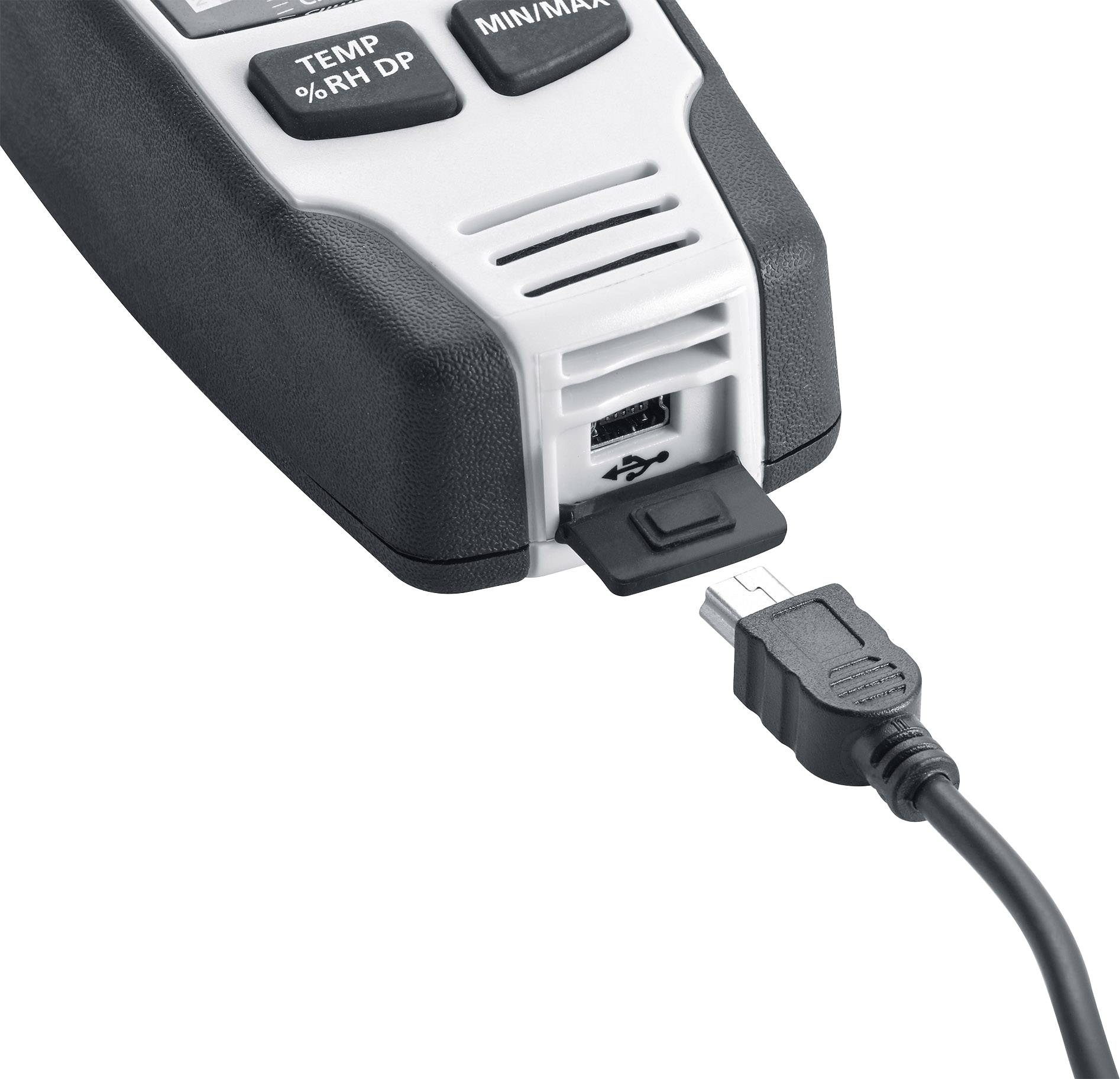 Apparaat voor het meten van temperatuur en luchtvochtigheid met aangesloten USB-kabel voor gegevensoverdracht.