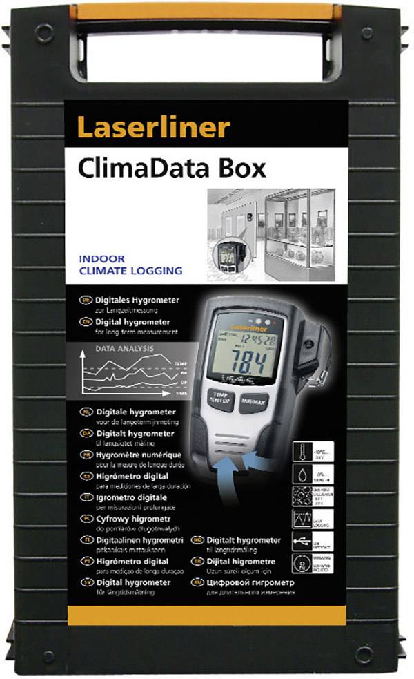 Zwart kunststof behuizing met oranje handgreep. Opschrift 'Laserliner ClimaData Box'. Toont diagrammen en een digitaal hygrometer.