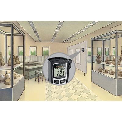 Een laserafstandsmeter meet 22,3 meter in een museum met sculpturen. De ruimte heeft hoge plafonds en moderne tentoonstellingskasten.