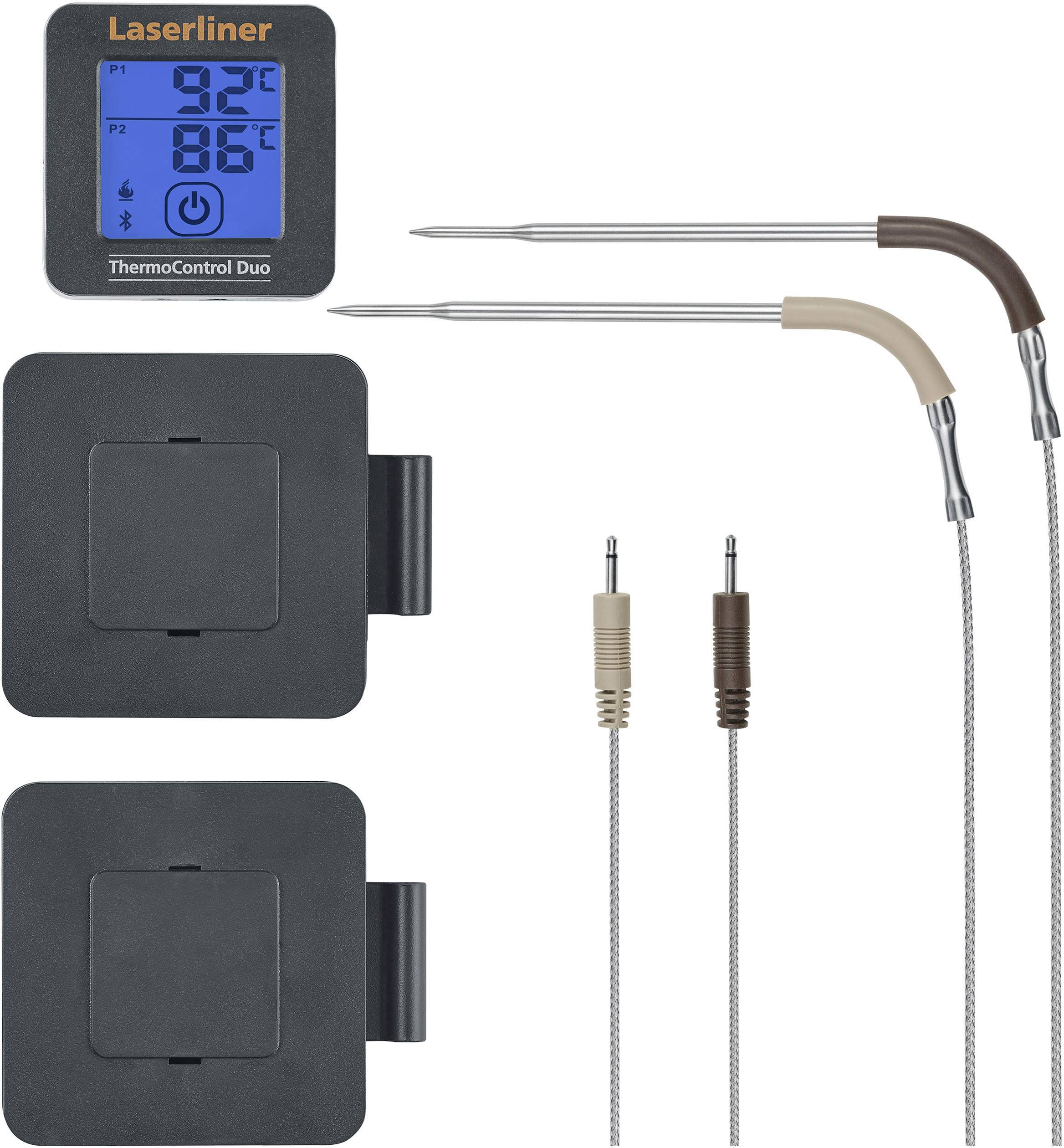 Thermometerset met twee roestvrijstalen sondes en digitaal display, toont twee temperatuurbereiken tegelijkertijd. Ideaal voor het koken.