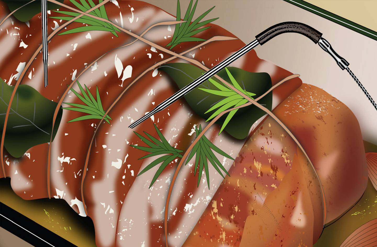 Een braadstuk bedekt met reepjes spek en rozemarijn. Een braadthermometer is ingestoken om de temperatuur te meten.