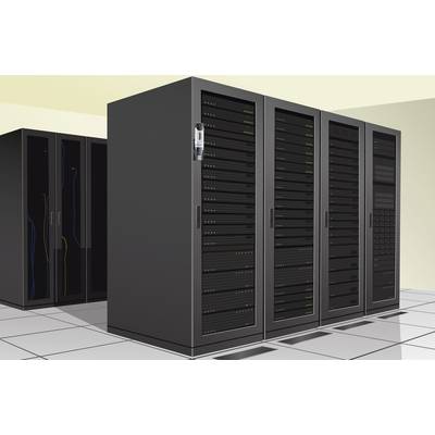 Meerdere serverrekken in een datacenter met zwarte behuizingen. De omgeving is modern en technisch ingericht.