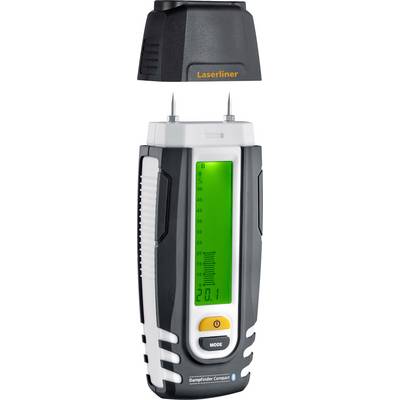 Een zwart en wit vochtigheidsmeetapparaat met een groen display en twee metalen pinnen toont 'Laserliner Dampfinder Compact'.