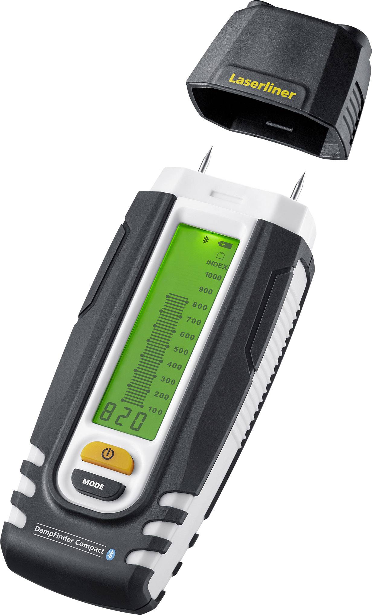Vochtigheidsmeter met zwarte dop, toont vochtigheidswaardes op een groen display. Apparaat van het merk Laserliner.