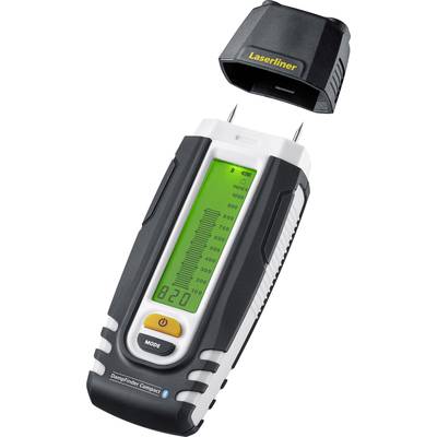 Vochtigheidsmeter met zwarte dop, toont vochtigheidswaardes op een groen display. Apparaat van het merk Laserliner.