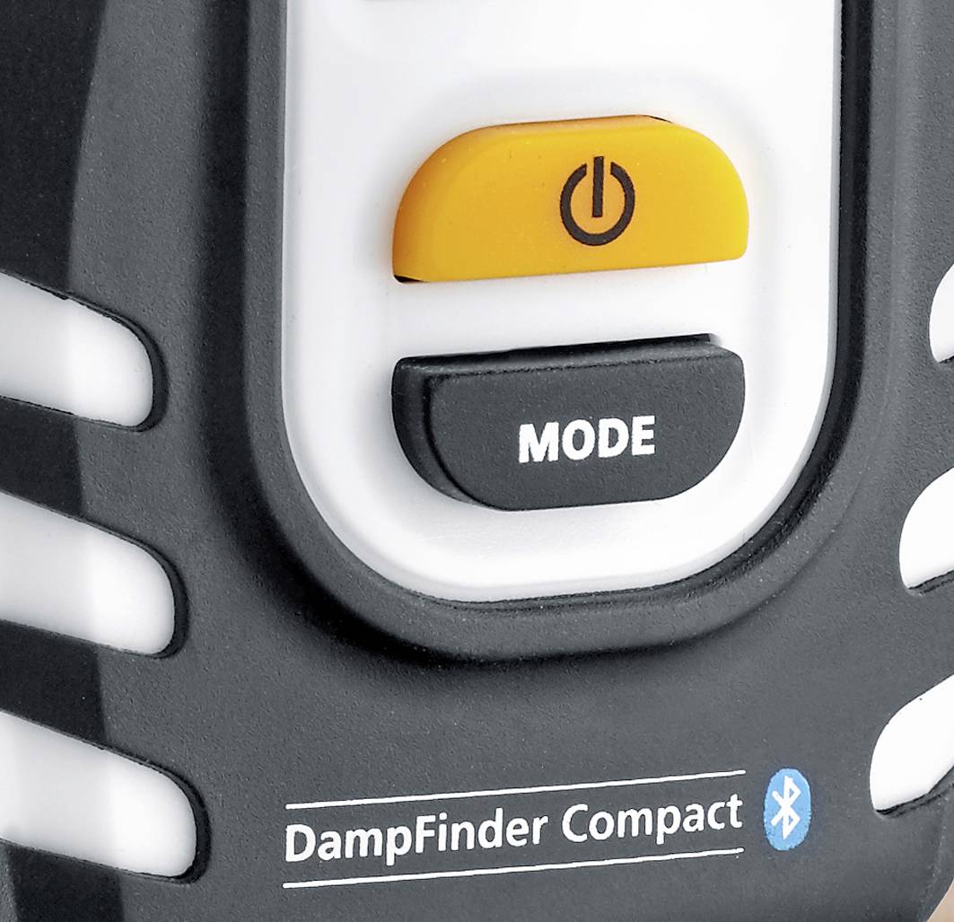 Een elektrisch apparaat met een gele netschakelaar bovenaan en een zwarte 'MODE'-toets eronder. Onderaan staat 'DampFinder Compact'.