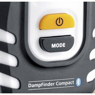 Een elektrisch apparaat met een gele netschakelaar bovenaan en een zwarte 'MODE'-toets eronder. Onderaan staat 'DampFinder Compact'.