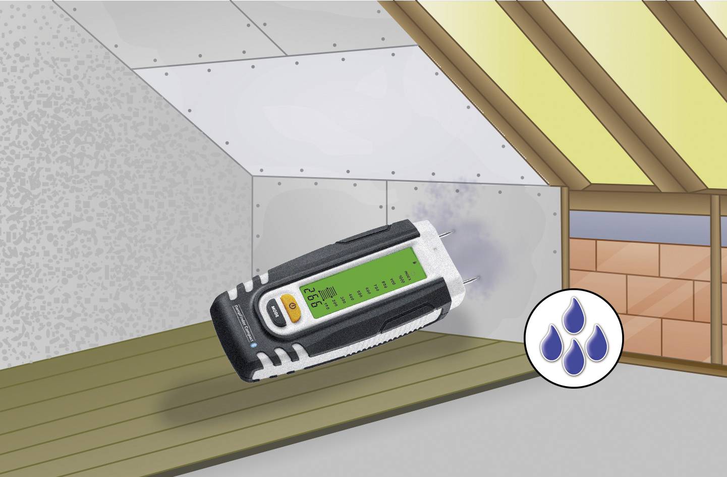 Afbeelding van een vochtmeter die het vochtgehalte in een hoek van een zolder aangeeft. Het symbool toont waterdruppels.