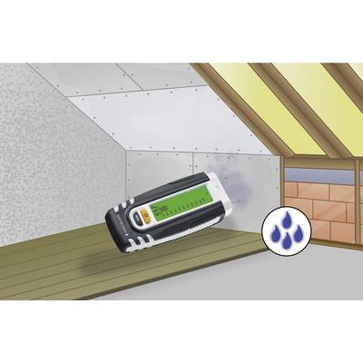 Afbeelding van een vochtmeter die het vochtgehalte in een hoek van een zolder aangeeft. Het symbool toont waterdruppels.