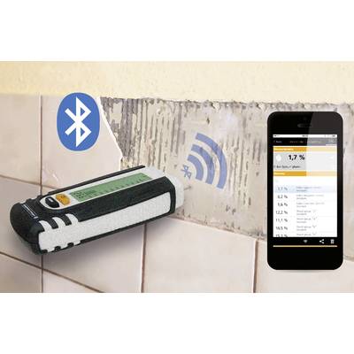 Een vochtmeetapparaat toont vochtgegevens die via Bluetooth naar een smartphone worden verzonden.