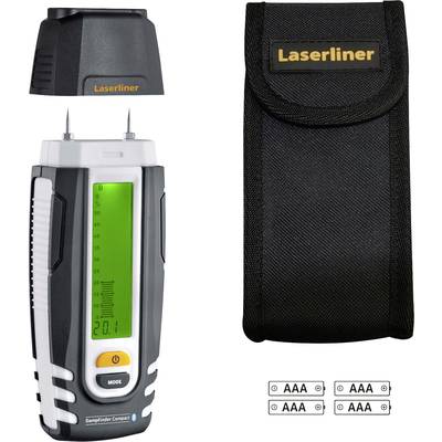 Meetinstrument voor vochtmeting met groen display, merknaam 'Laserliner', afneembare beschermkap, bijpassende tas en AAA-batterijen.