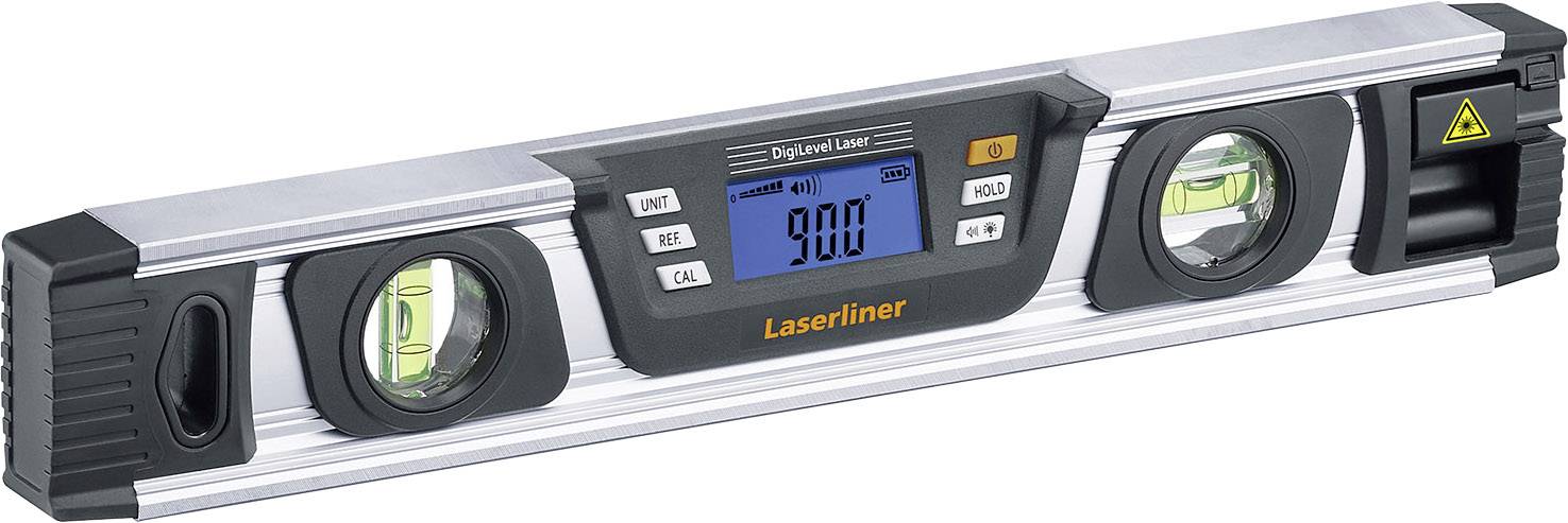 Elektronische waterpas met digitaal display in het midden toont '90.0' graden, omringd door twee libellen voor uitlijning.